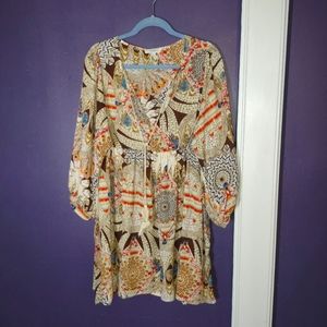 Umgee USA Peasant Dress Size Small Womens Cream Yellow Feather Tribal Print XL
